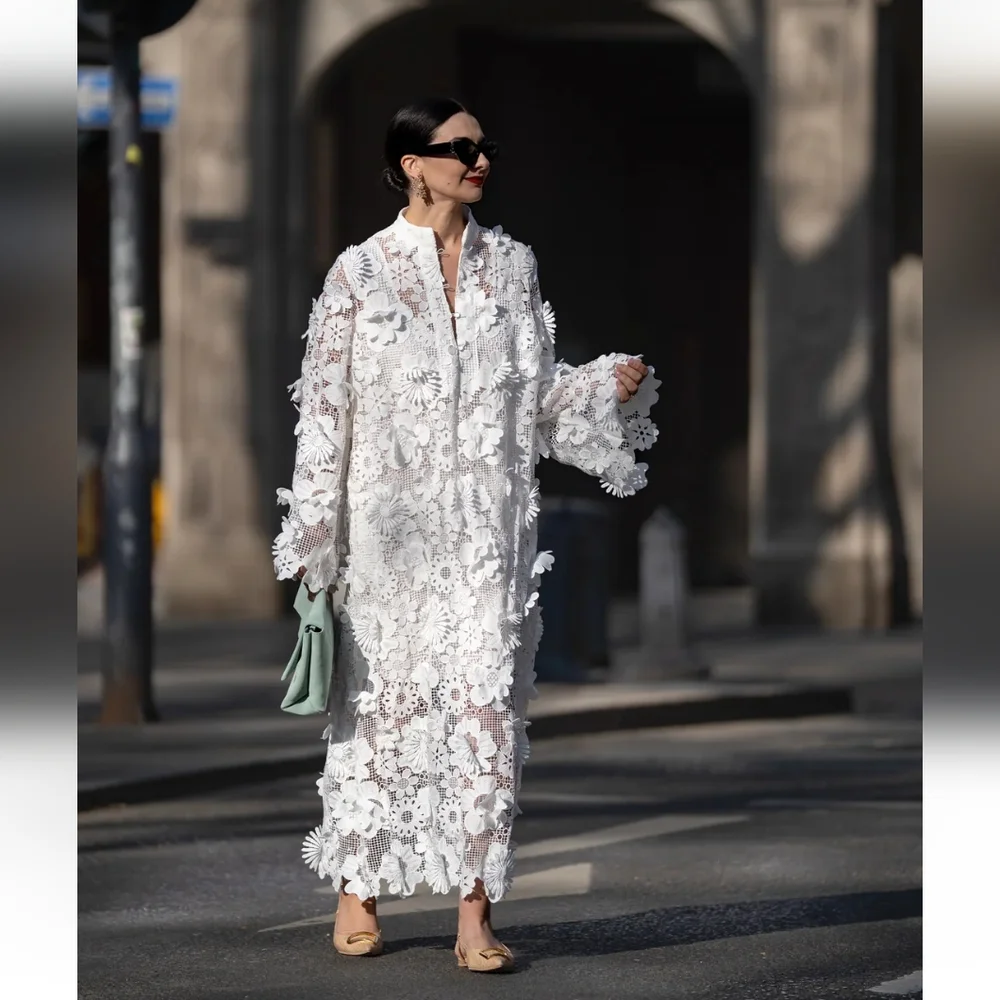 Resort White Lace Dress With Floral Applique - Picture 1 of 9